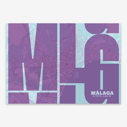 The map of Malaga composed with letters from its name or IATA code printed on purple and light blue