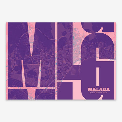 The map of Malaga composed with letters from its name or IATA code printed on violet y pink background