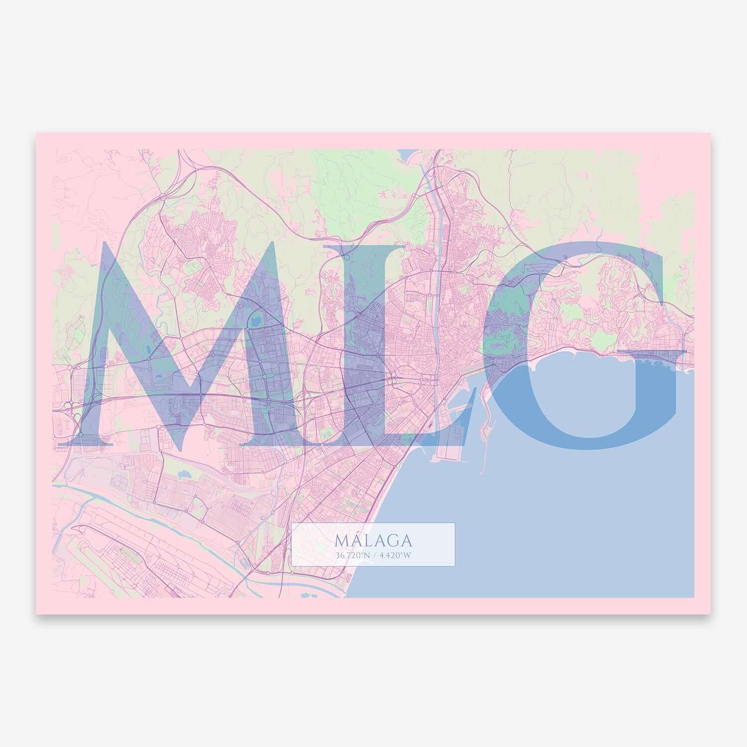 The map of Malaga composed with letters in serif font printed on pink and light blue