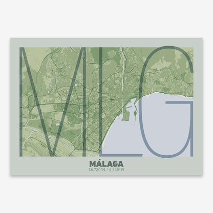 The map of Malaga composed with letters in extra light font printed on two green tones