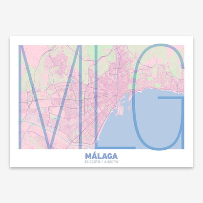 The map of Malaga composed with letters in extra light font printed on pink and light blue