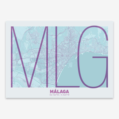 The map of Malaga composed with letters in extra light font printed on purple and light blue