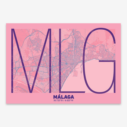 The map of Malaga composed with letters in extra light font printed on violet y pink background
