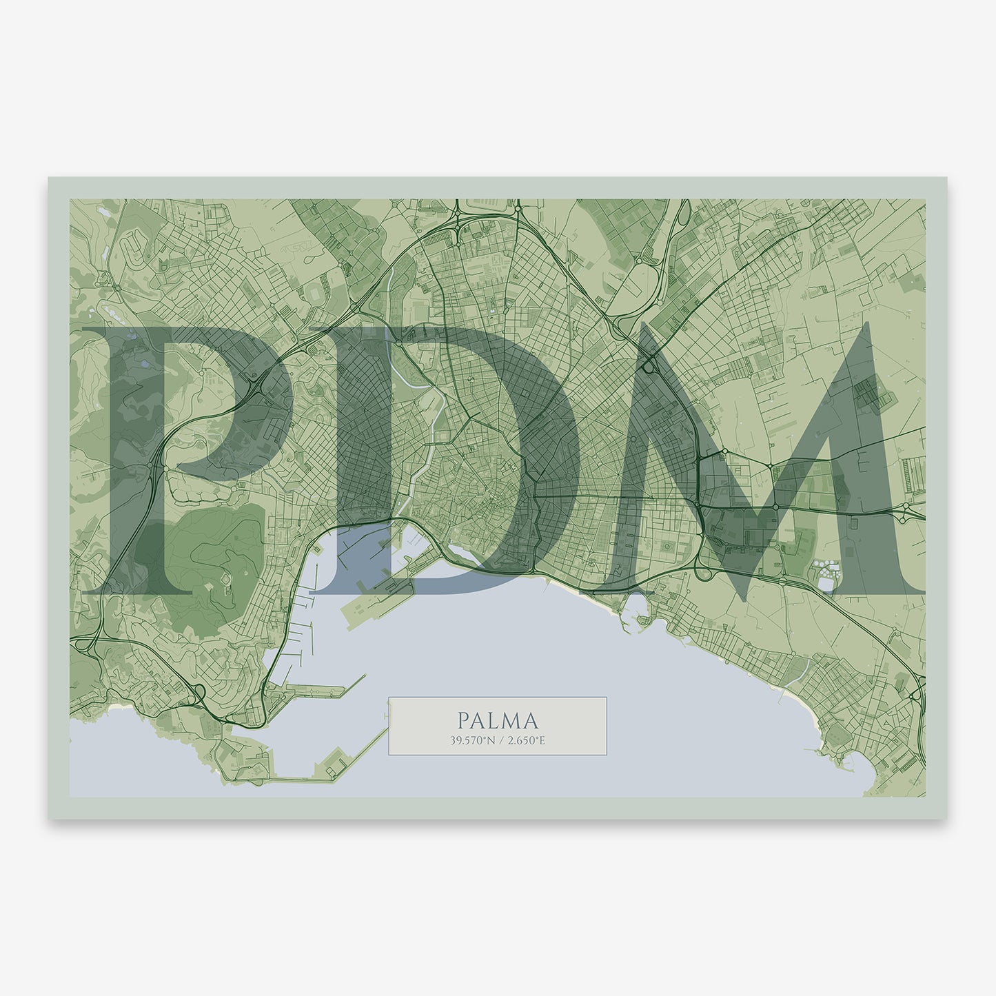 The map of Palma composed with letters in serif font printed on two green tones