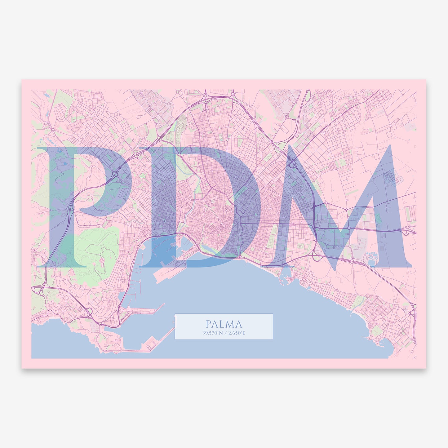 The map of Palma composed with letters in serif font printed on pink and light blue