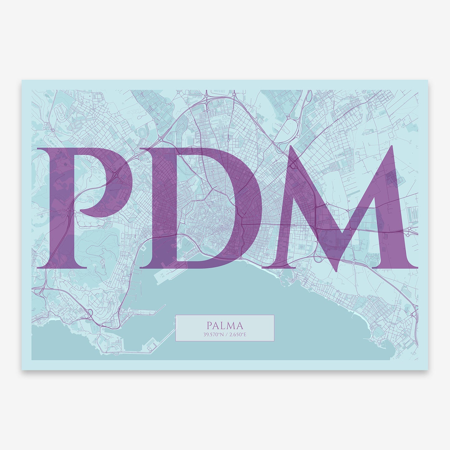 The map of Palma composed with letters in serif font printed on purple and light blue