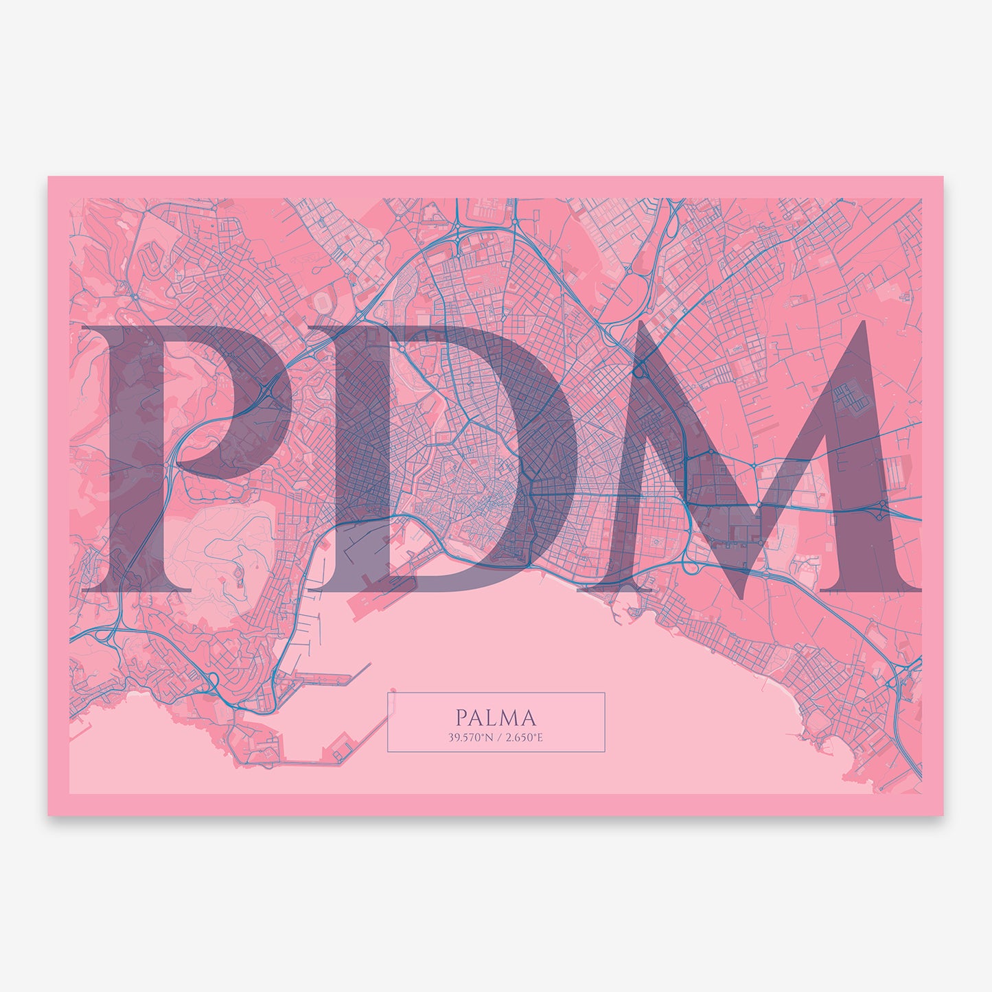 The map of Palma composed with letters in serif font printed on violet y pink background