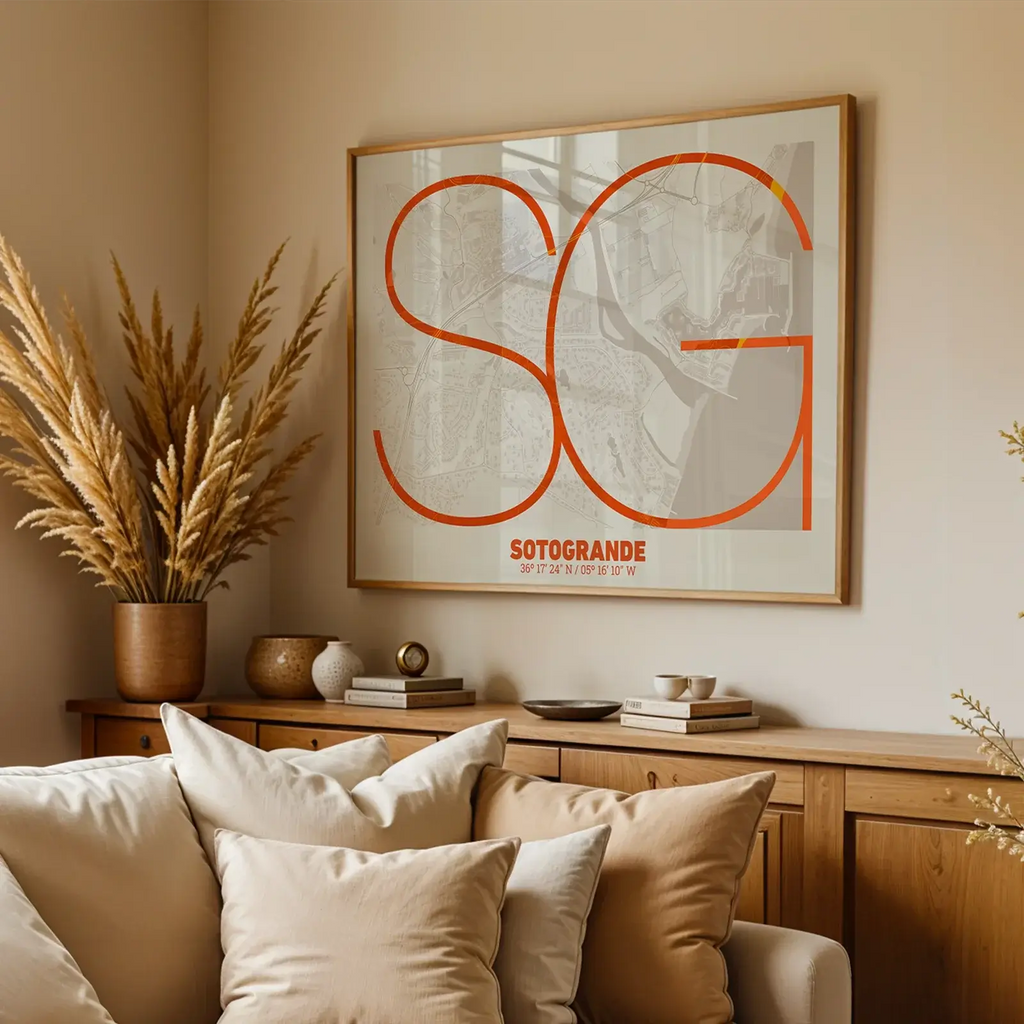 Modern interior design with a Sotogrande in Ultralight design, a minimalist aesthetic combining urban cartography with modern, extra-thin elegant lettering designed in orange and an off-white background, displayed on a living room wall