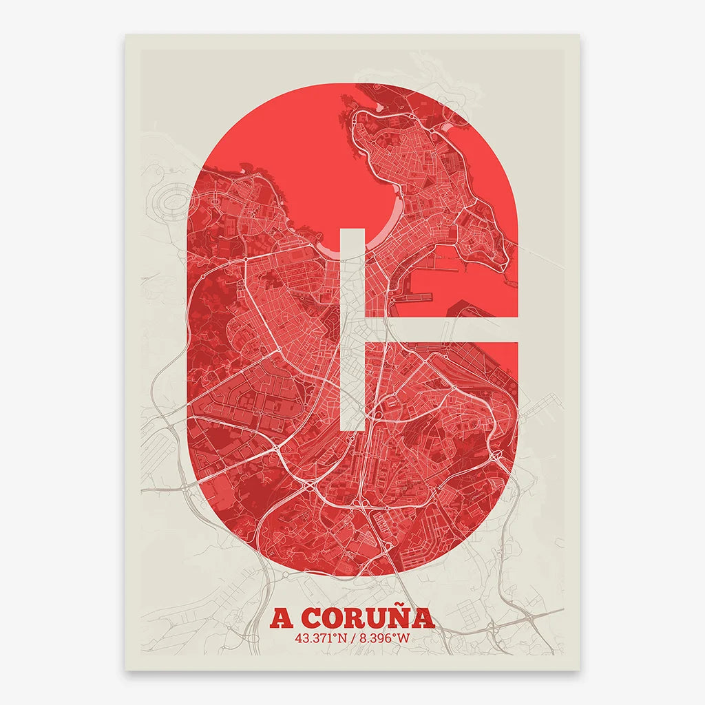 Decorative print of A Coruña composed with letters in a heavy geometric font printed on red and an off-white background