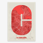 Decorative print of A Coruña composed with letters in a heavy geometric font printed on red and an off-white background