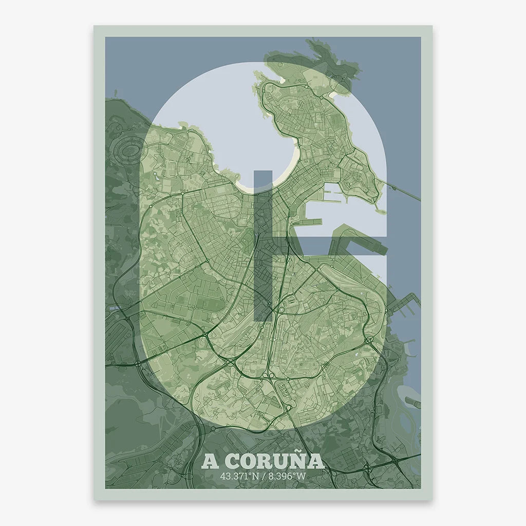 Decorative print of A Coruña composed with letters in a heavy geometric font printed on two green tones