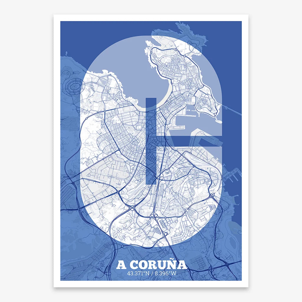Decorative print of A Coruña composed with letters in a heavy geometric font printed on navy blue and white