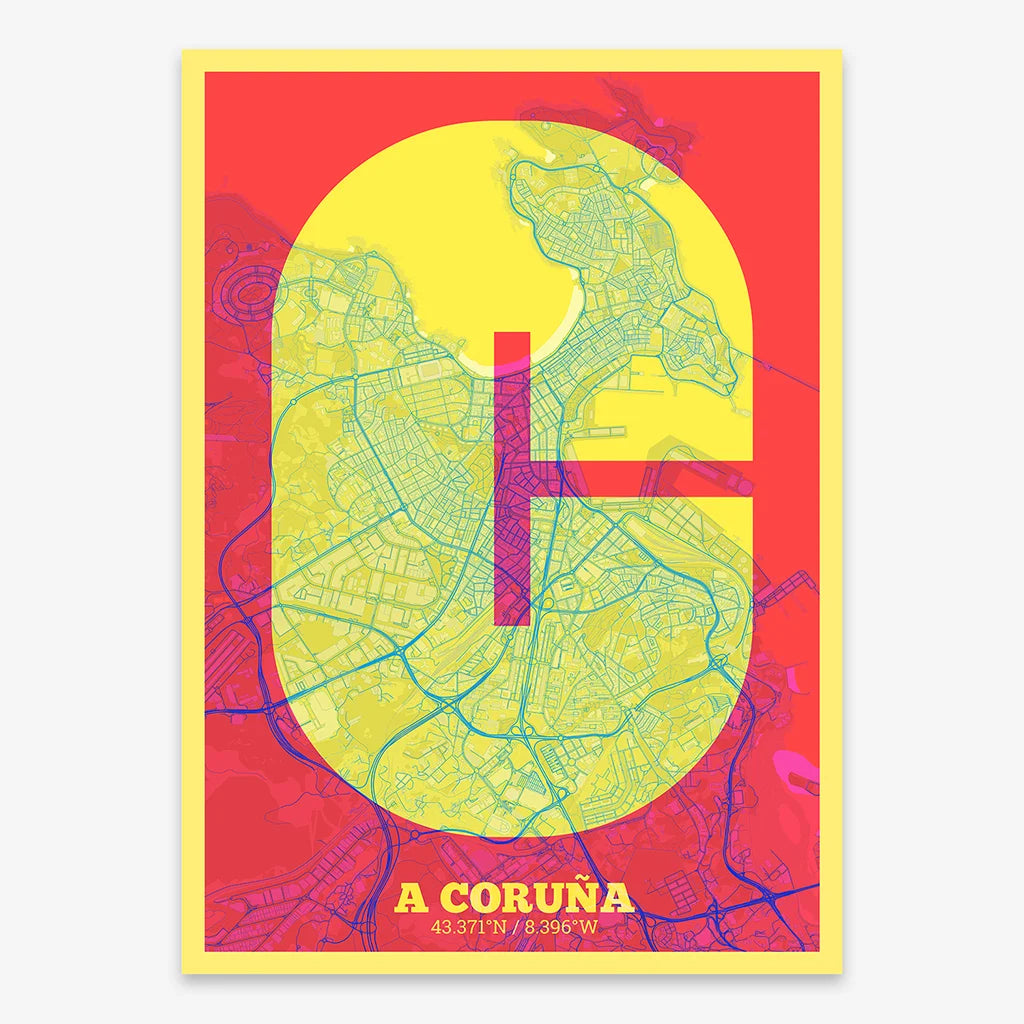 Decorative print of A Coruña composed with letters in a heavy geometric font printed on yellow and fuchsia