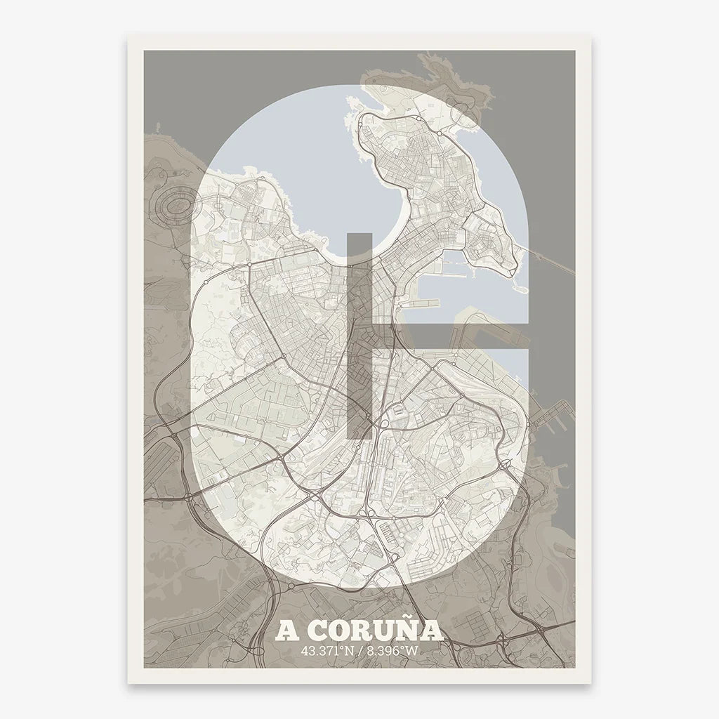 Decorative print of A Coruña composed with letters in a heavy geometric font printed on light brown and an off-white background