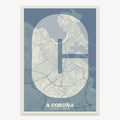The map of A Coruña in Super Bold design, a typographic poster where the city map is overlaid with extra-thick lettering for a modern, high-impact look designed in bluish gray and an off-white background