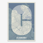 The map of A Coruña in Super Bold design, a typographic poster where the city map is overlaid with extra-thick lettering for a modern, high-impact look designed in bluish gray and an off-white background