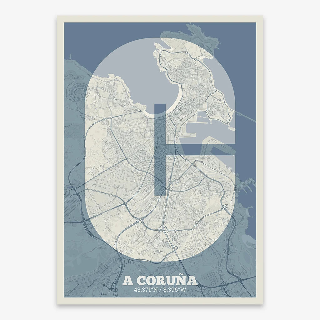 Decorative print of A Coruña composed with letters in a heavy geometric font printed on bluish gray and an off-white background