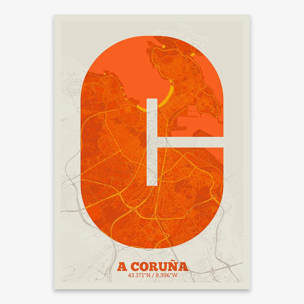 Decorative print of A Coruña composed with letters in a heavy geometric font printed on orange and an off-white background