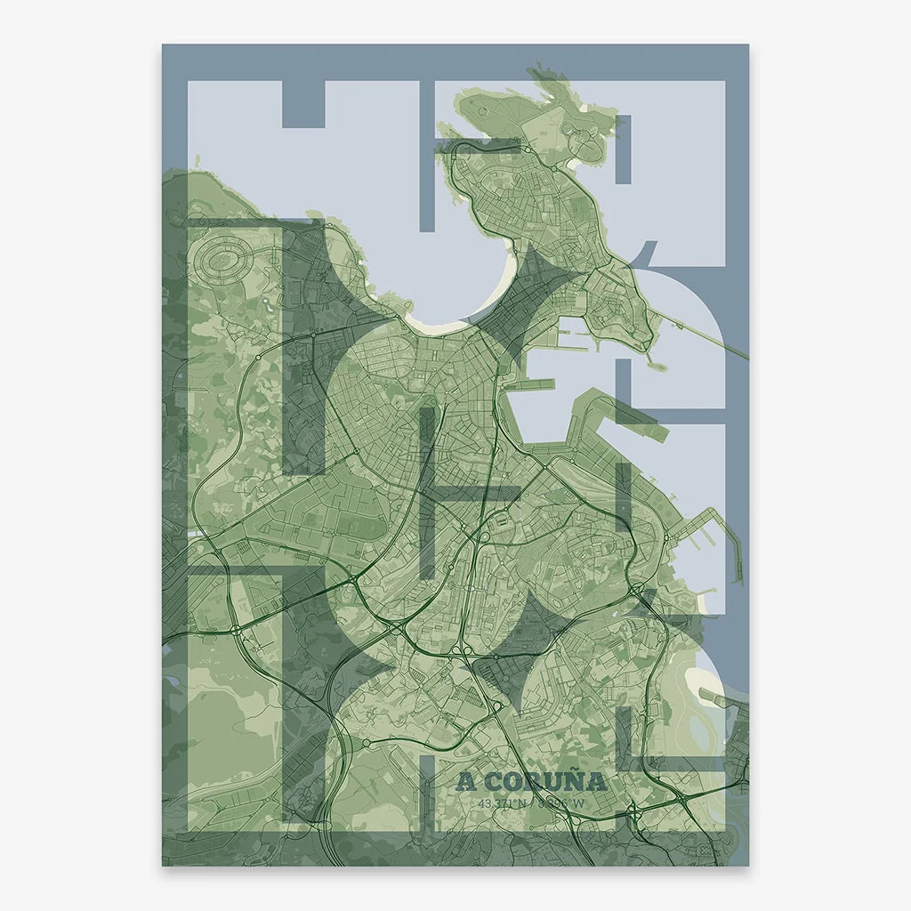 Poster of A Coruña composed with letters from its abbreviation or its airport IATA code printed on two green tones