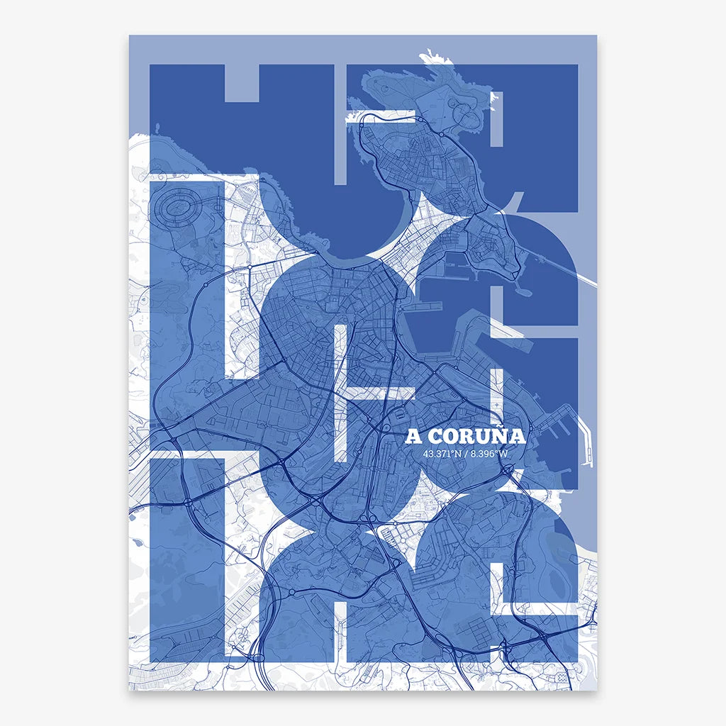 Poster of A Coruña composed with letters from its abbreviation or its airport IATA code printed on navy blue and white