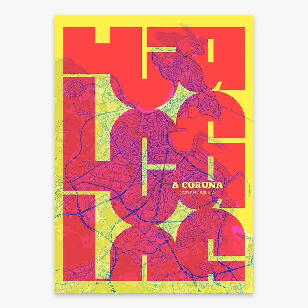 Poster of A Coruña composed with letters from its abbreviation or its airport IATA code printed on yellow and fuchsia