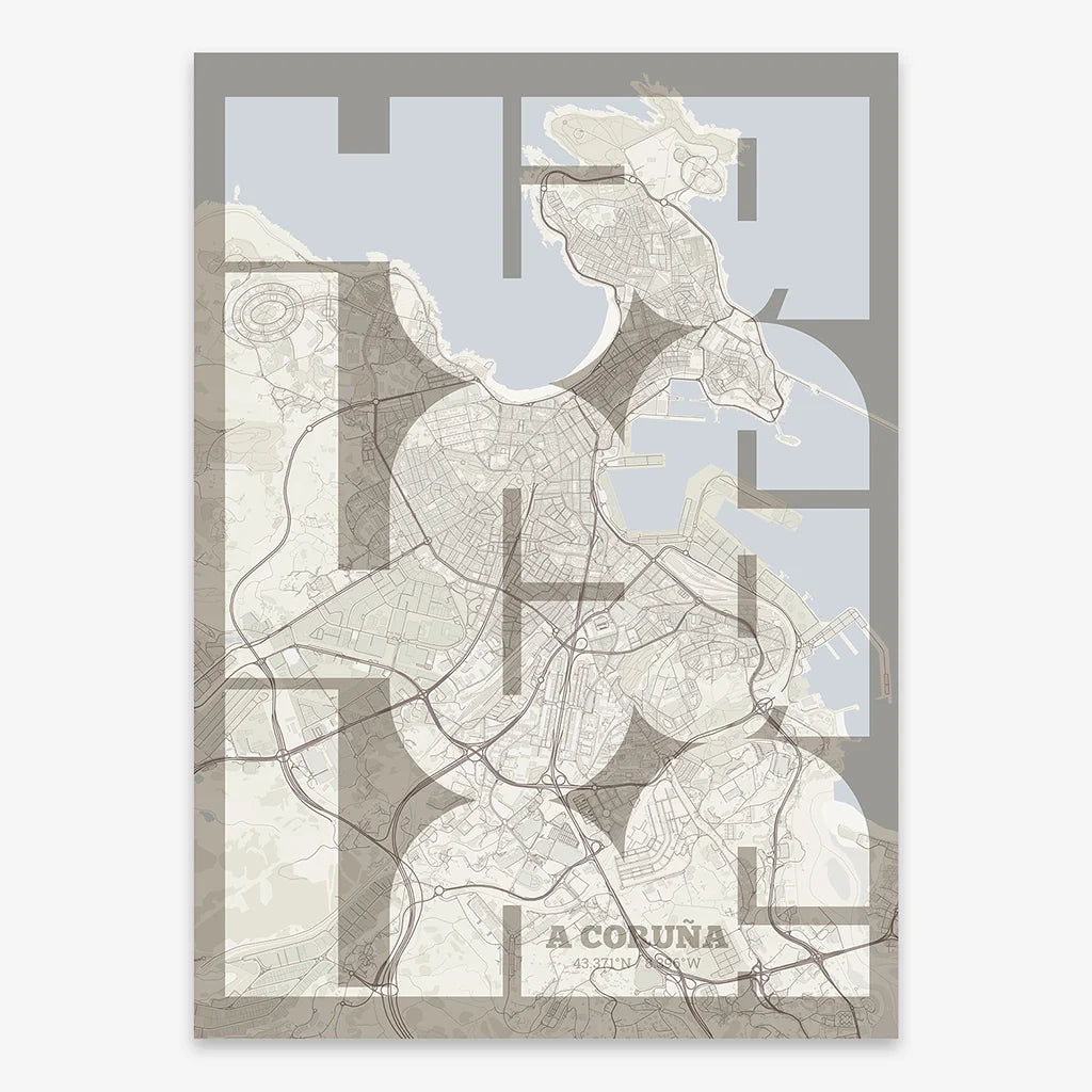 Poster of A Coruña composed with letters from its abbreviation or its airport IATA code printed on light brown and an off-white background