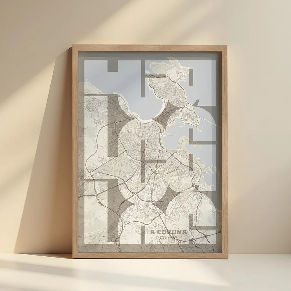 Póster artístico de A Coruña con tipografía geométrica - Decoración personalizada