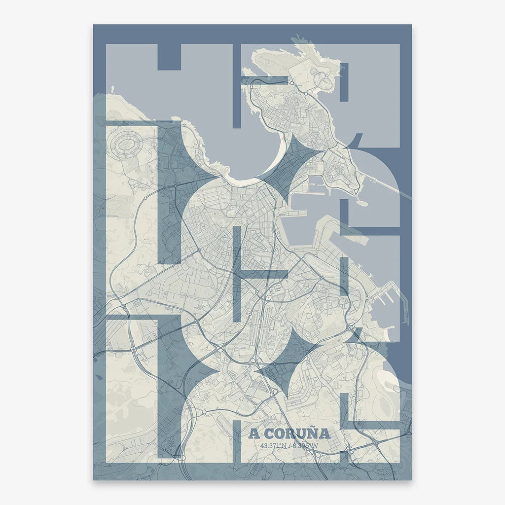 Poster of A Coruña composed with letters from its abbreviation or its airport IATA code printed on bluish gray and an off-white background