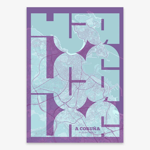 Poster of A Coruña composed with letters from its abbreviation or its airport IATA code printed on purple and light blue