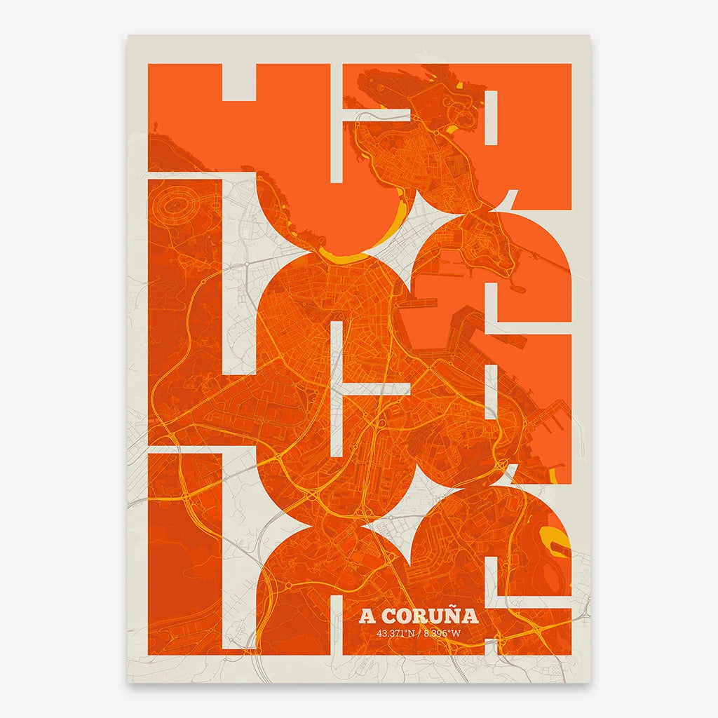 Poster of A Coruña composed with letters from its abbreviation or its airport IATA code printed on orange and an off-white background