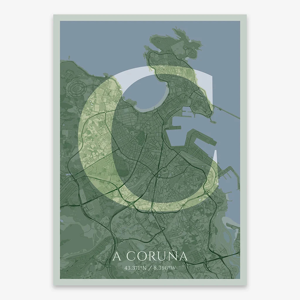 Decorative map of A Coruña composed with letters in serif font printed on two green tones