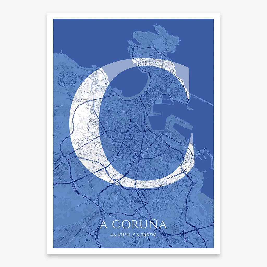 Decorative map of A Coruña composed with letters in serif font printed on navy blue and white