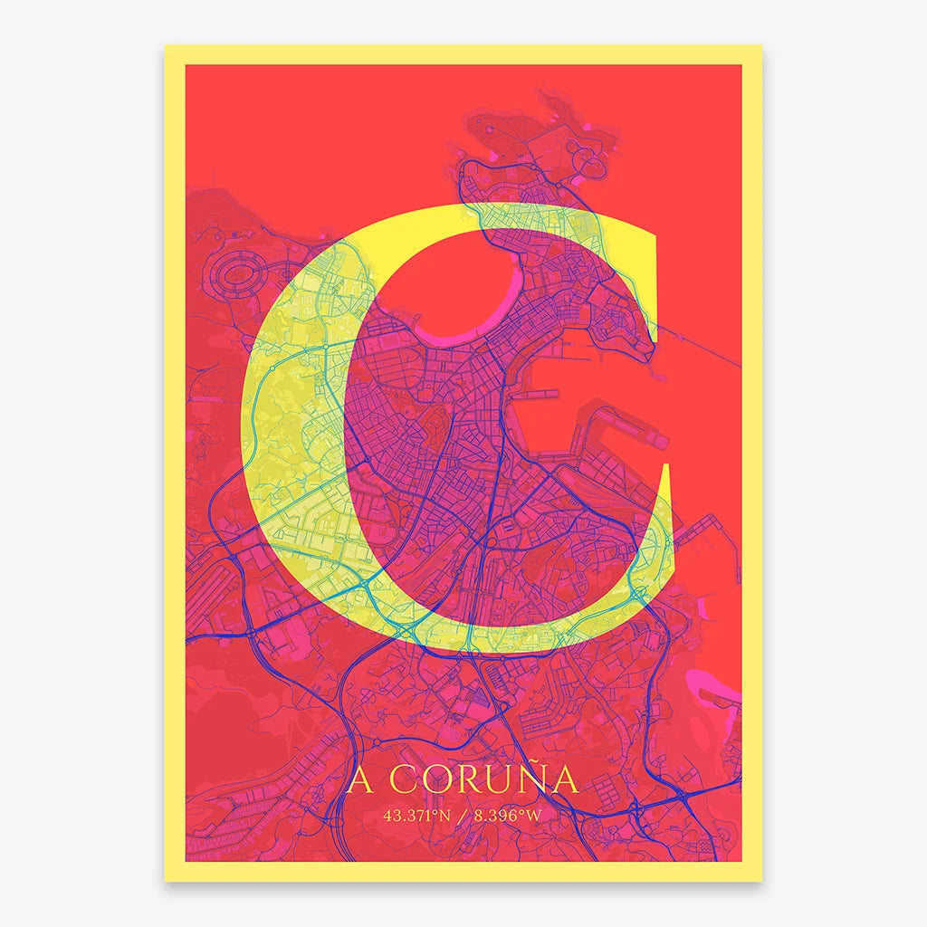 Decorative map of A Coruña composed with letters in serif font printed on yellow and fuchsia