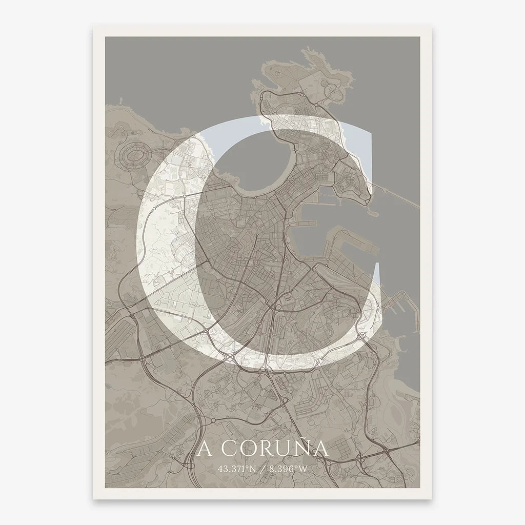 Decorative map of A Coruña composed with letters in serif font printed on light brown and an off-white background