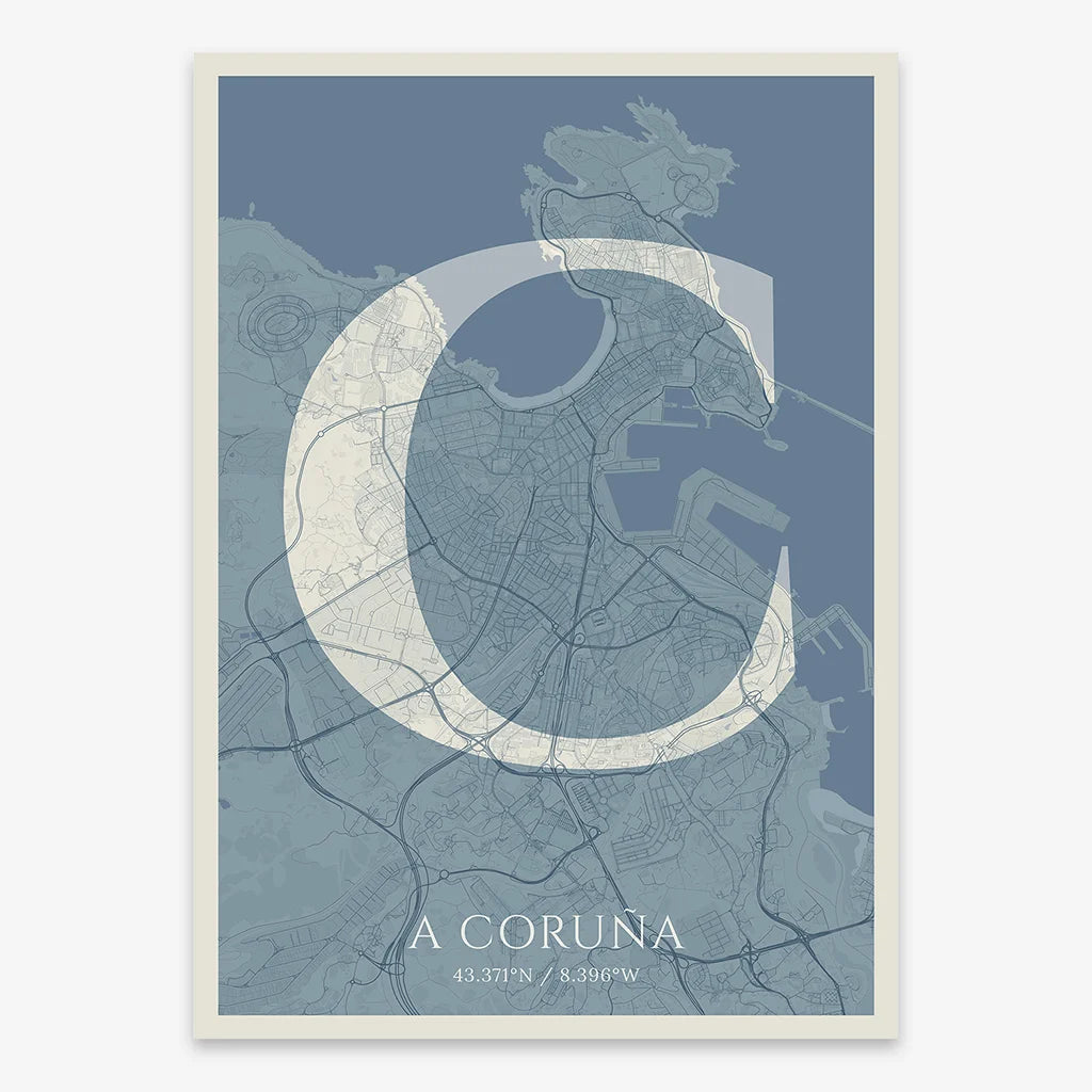 Decorative map of A Coruña composed with letters in serif font printed on bluish gray and an off-white background