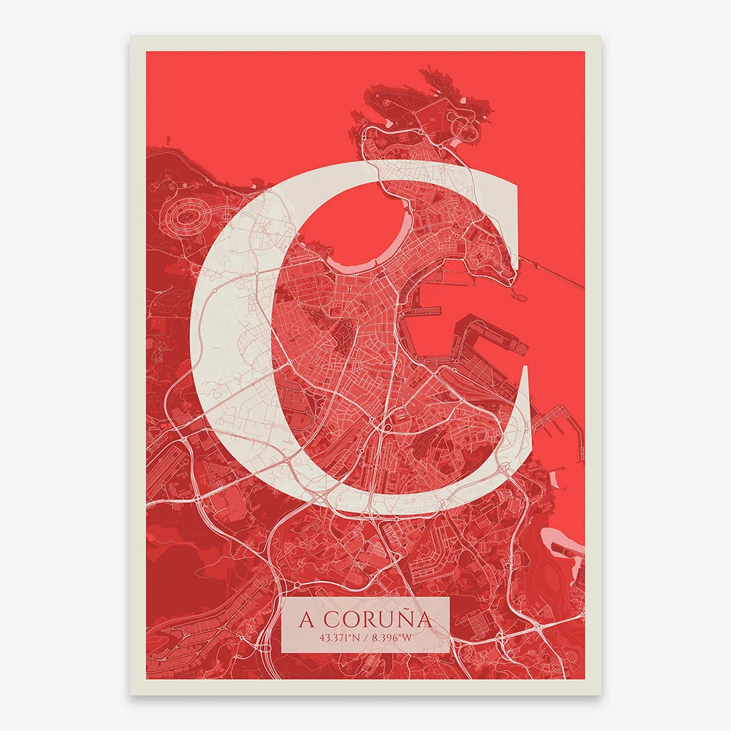 Decorative map of A Coruña composed with letters in serif font printed on red and an off-white background