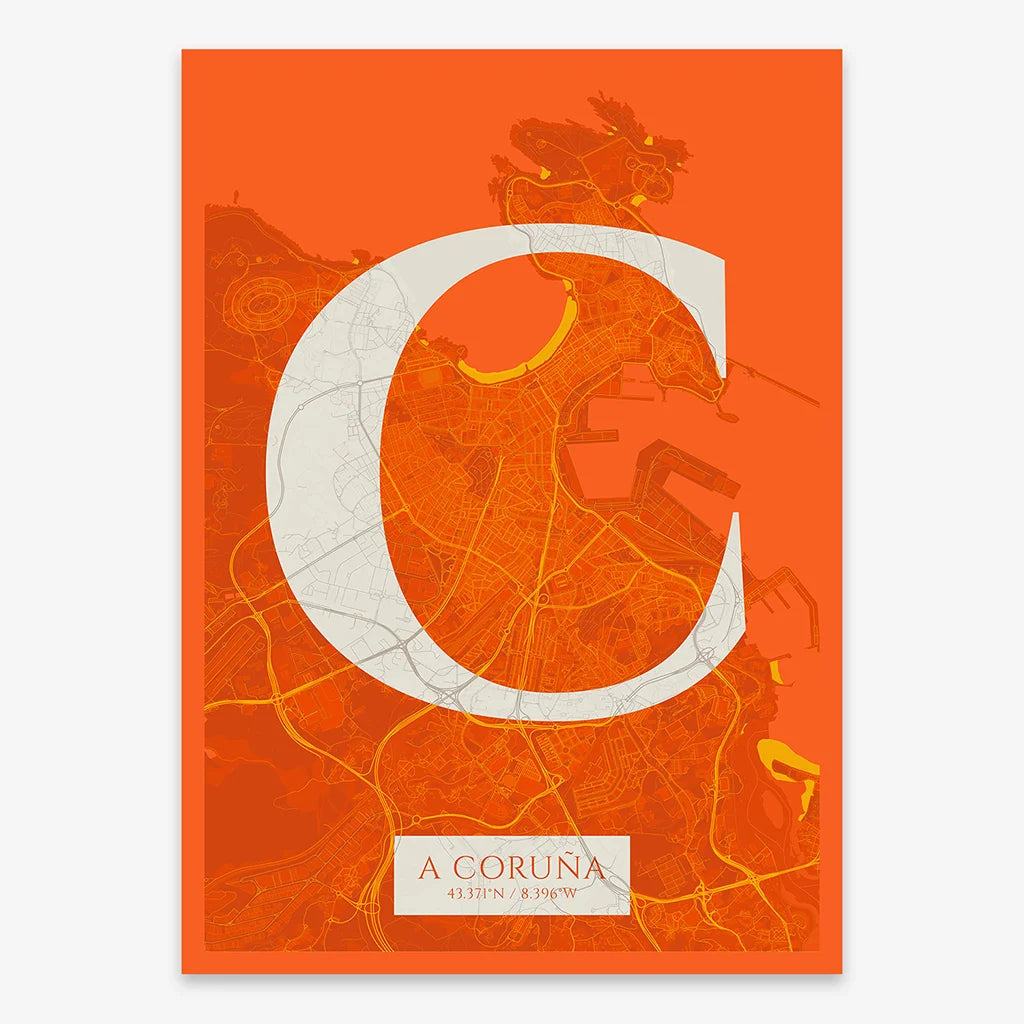 Decorative map of A Coruña composed with letters in serif font printed on orange and an off-white background