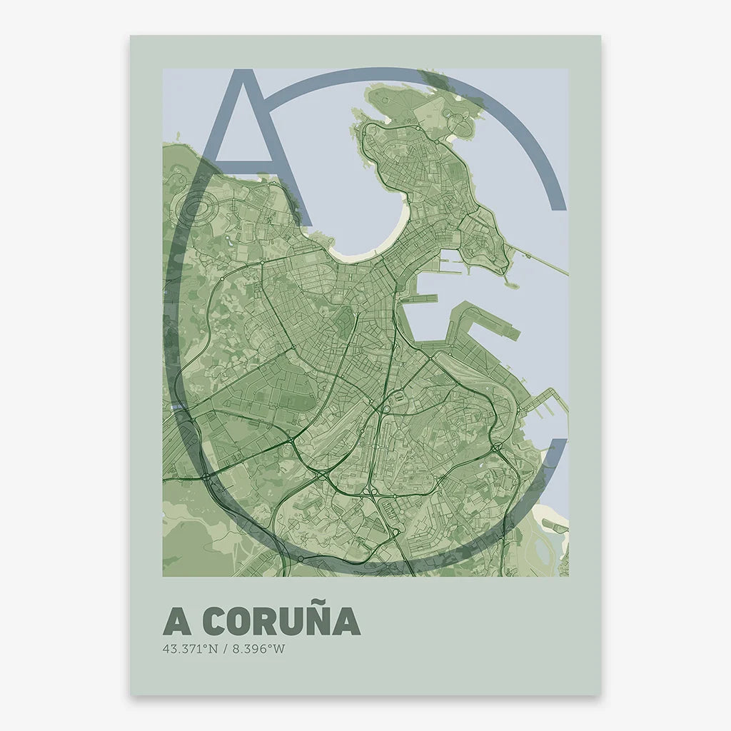 Poster of A Coruña composed with letters in extra light font printed on two green tones