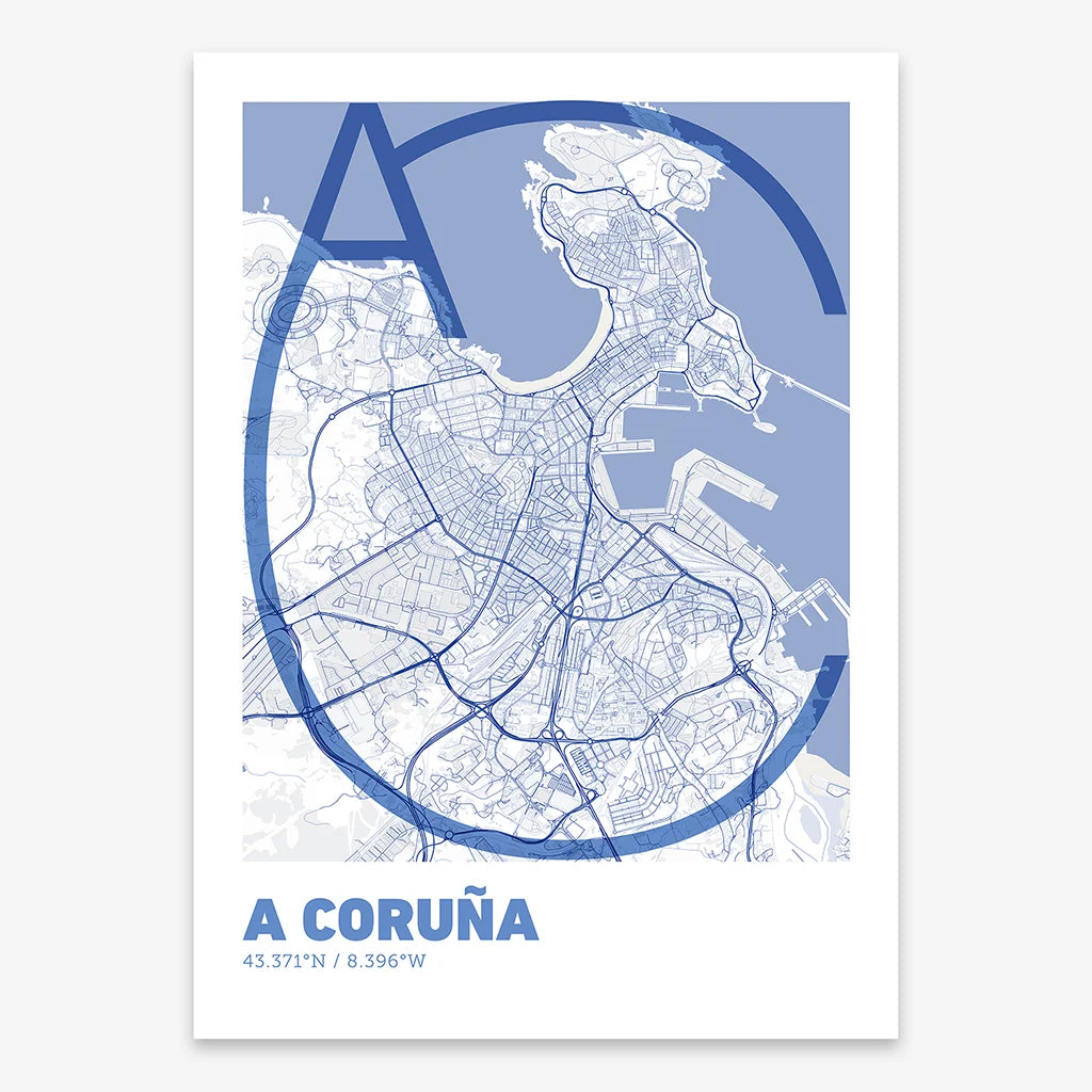 Poster of A Coruña composed with letters in extra light font printed on navy blue and white