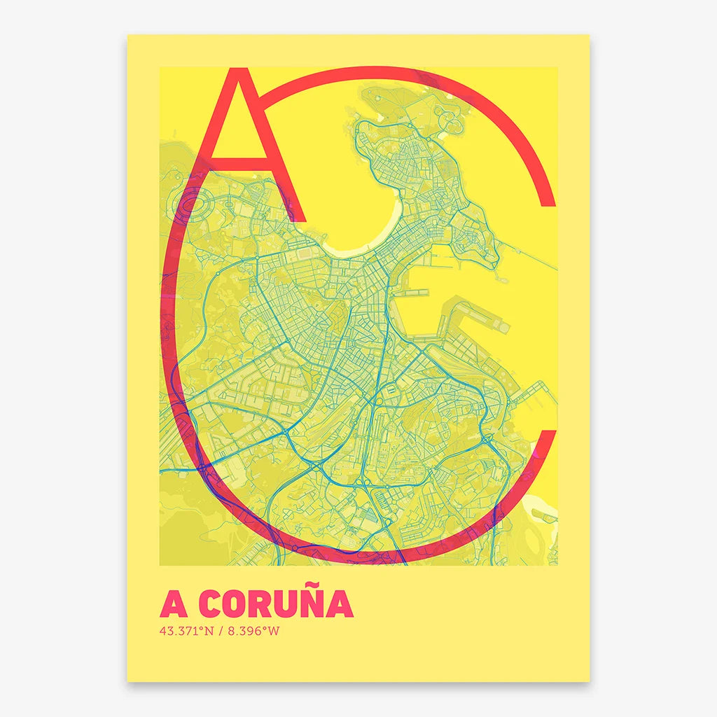Poster of A Coruña composed with letters in extra light font printed on yellow and fuchsia