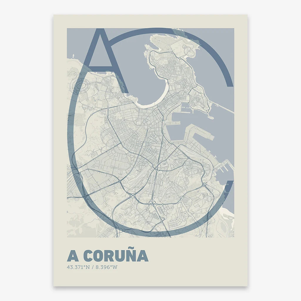 Poster of A Coruña composed with letters in extra light font printed on bluish gray and an off-white background