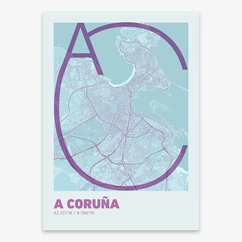 The map of A Coruña in Ultralight design, a minimalist aesthetic combining urban cartography with modern, extra-thin elegant lettering designed in purple and light blue