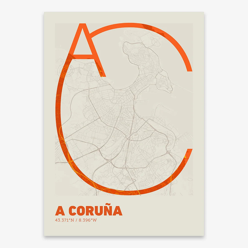 Poster of A Coruña composed with letters in extra light font printed on orange and an off-white background