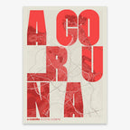 Decorative print of A Coruña with letters of its name placed randomly, designed in red and an off-white background