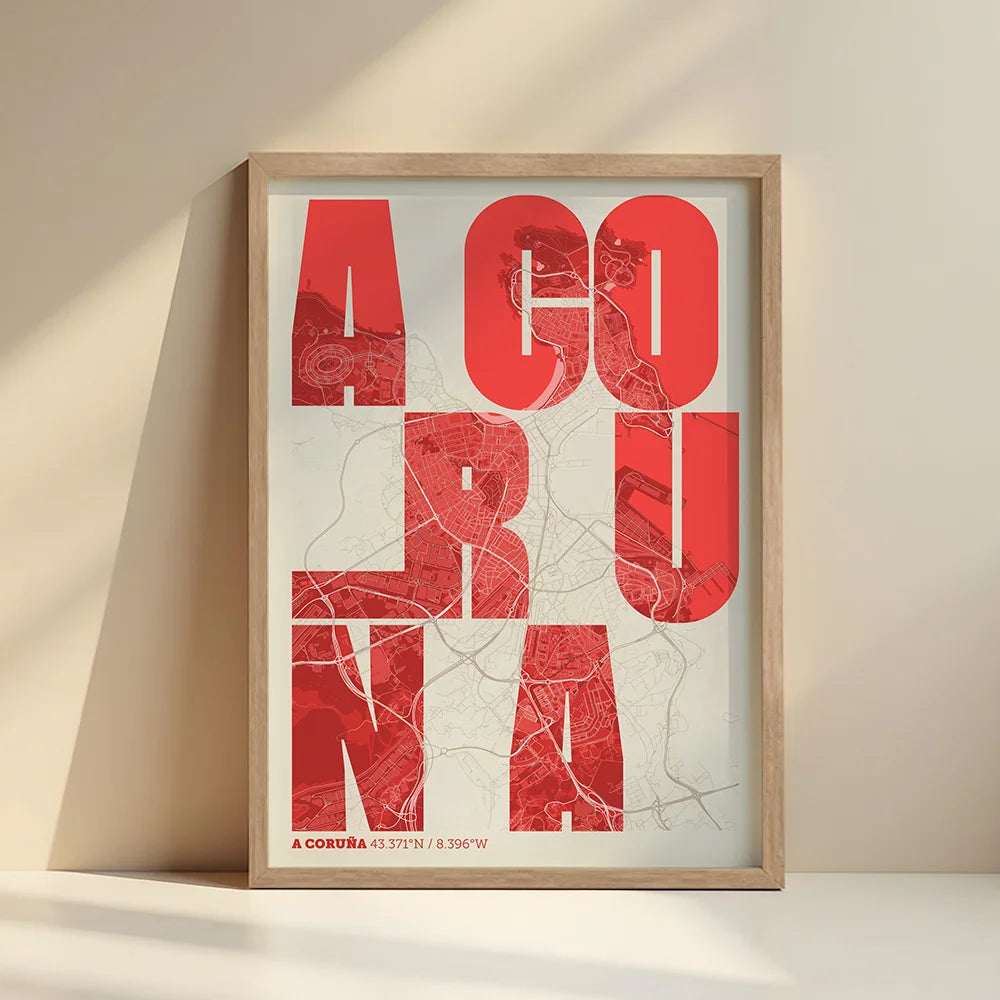 Lámina creativa de A Coruña – Diseño gráfico y tipografía sobre mapa