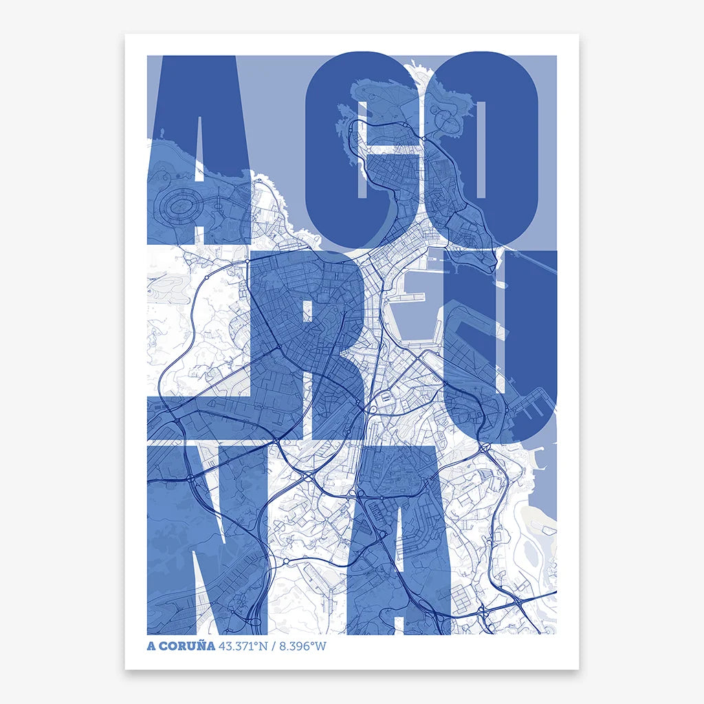 Decorative print of A Coruña with letters of its name placed randomly, designed in navy blue and white