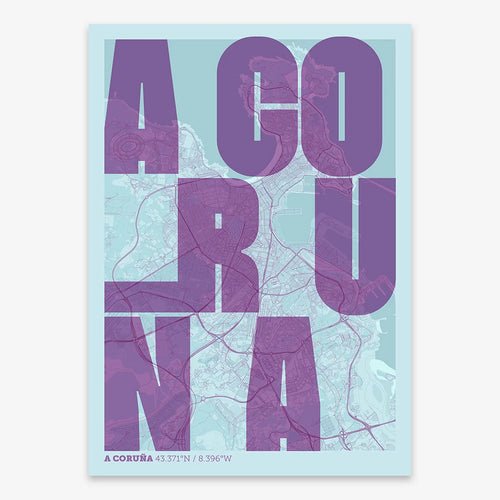 Mapa de A Coruña en el diseño la Revoltosa, donde las letras del nombre aparecen aleatoriamente en diferentes líneas para un diseño urbano realmente original diseñado en púrpura y azul claro