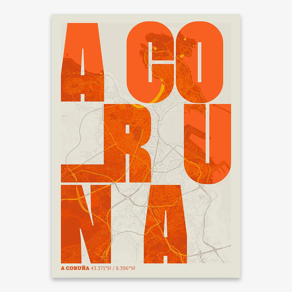 Decorative print of A Coruña with letters of its name placed randomly, designed in orange and an off-white background
