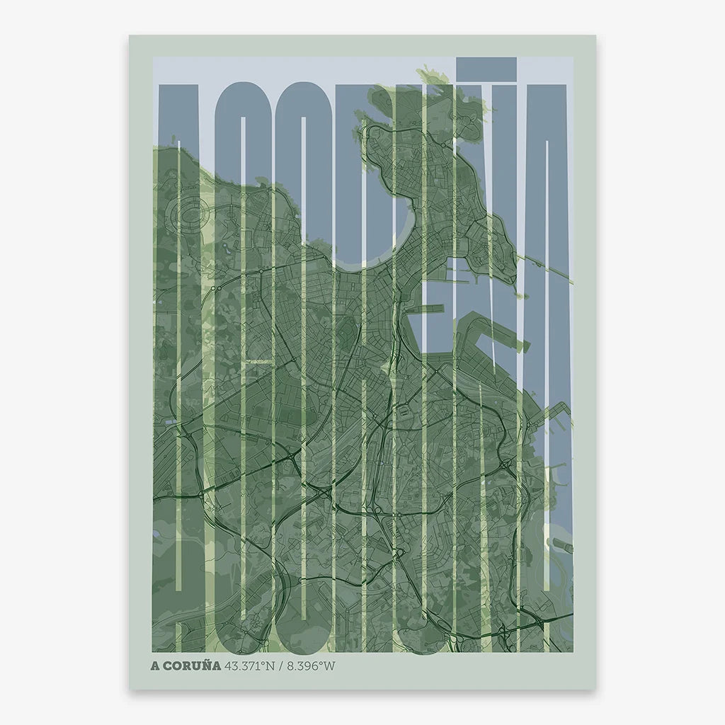 Decorative map of A Coruña and letters of its name in a giclée print designed in two green tones