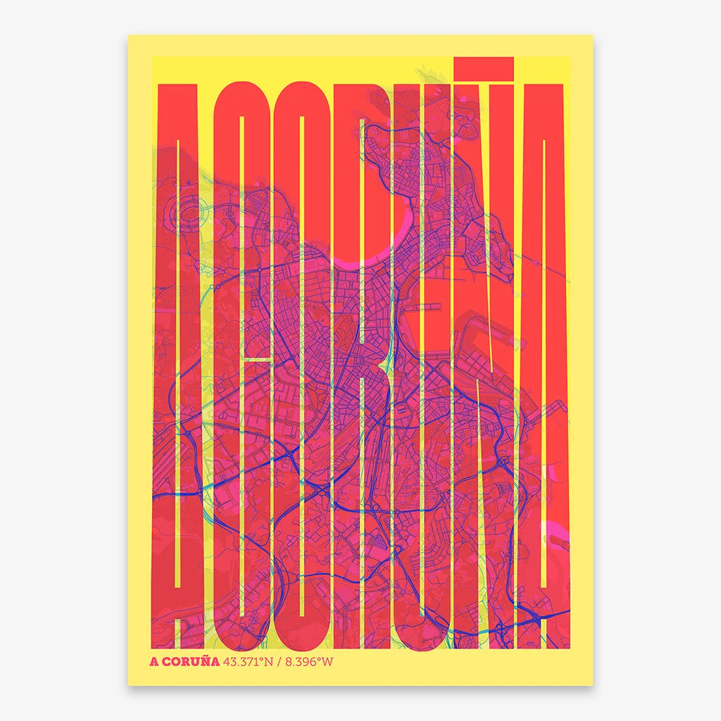 Decorative map of A Coruña and letters of its name in a giclée print designed in yellow and fuchsia